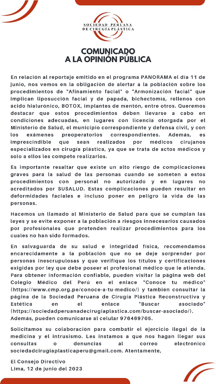 Comunicado Sociedad Peruana de Cirugía Plástica